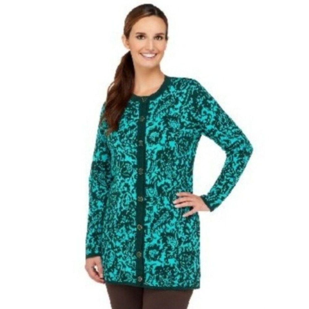 NWT Isaac Mizrah Live Damaskโ Jacguard Sweater Coat Jade Green Long Size XL